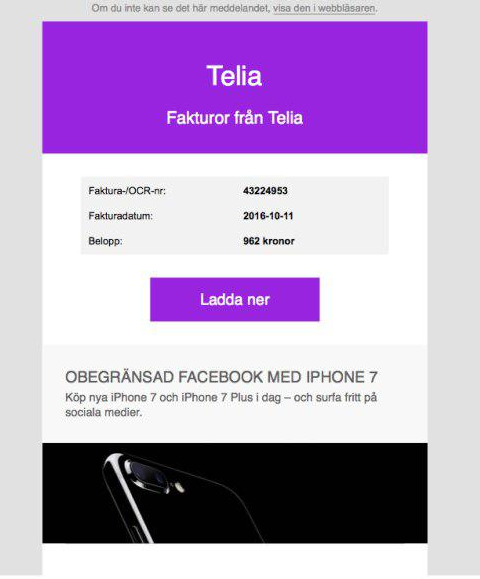 screenshot of a Telia phishing email attempt